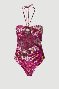 Maillot de Bain à Découpes avec Détails de Garniture Métallique Tropicale