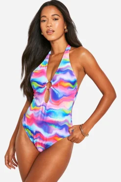 boohoo Maillot de bain découpé à motif marbré avec anneau O<Femme Maillots De Bain|Tenues De Plage