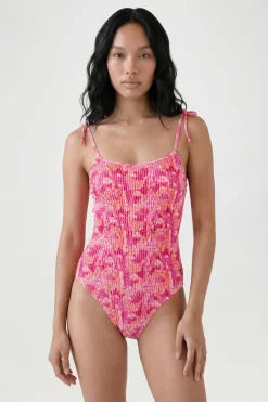 Maillot De Bain À Encolure Carrée Avec Bretelles À Nœuds Et Fronces Imprimé Fleuri