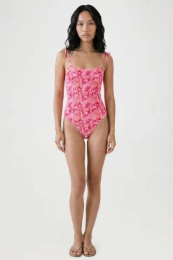 Maillot De Bain À Encolure Carrée Avec Bretelles À Nœuds Et Fronces Imprimé Fleuri