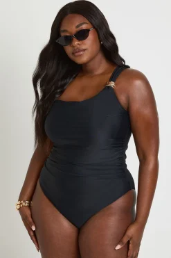 boohoo Maillot De Bain Grande Taille Une Épaule Froncé Avec Détails Dorés<Femme Maillots De Bain|Tenues De Plage