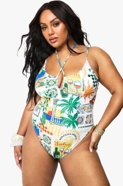boohoo Maillot de bain grande taille à imprimé carte postale et à nouer sur le devant<Femme Maillots De Bain|Tenues De Plage
