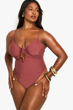 boohoo Maillot de bain grande taille à nouer sur le devant orné de perles<Femme Maillots De Bain|Tenues De Plage