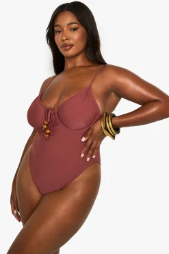 boohoo Maillot de bain grande taille à nouer sur le devant orné de perles<Femme Maillots De Bain|Tenues De Plage