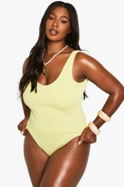 boohoo Maillot De Bain Grande Taille Essentials À Encolure Ronde Effet Gaufré<Femme Maillots De Bain