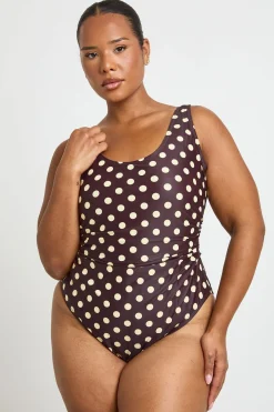 Maillot De Bain Grande Taille À Pois Avec Contrôle Du Ventre Et Encolure Arrondie