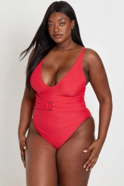boohoo Maillot De Bain Grande Taille À Décolleté Plongeant Avec Anneau Et Effet Ventre Plat<Femme Maillots De Bain|Tenues De Plage