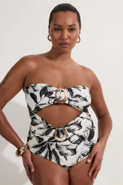 Maillot de bain grande taille échancré en tissu fluide à imprimé palmier