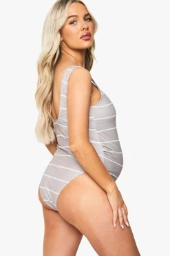 boohoo Maillot de bain maternité à rayures et froncé avec soutien pour le ventre<Femme Maillots De Bain
