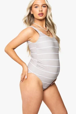 boohoo Maillot de bain maternité à rayures et froncé avec soutien pour le ventre<Femme Maillots De Bain