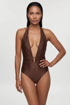 Maillot De Bain Métallisé À Décolleté Plongeant Avec Col Licou Et Détail De Quincaillerie