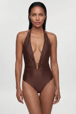 Maillot De Bain Métallisé À Décolleté Plongeant Avec Col Licou Et Détail De Quincaillerie