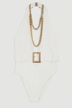 Maillot de bain plongeant à ceinture avec détails métalliques