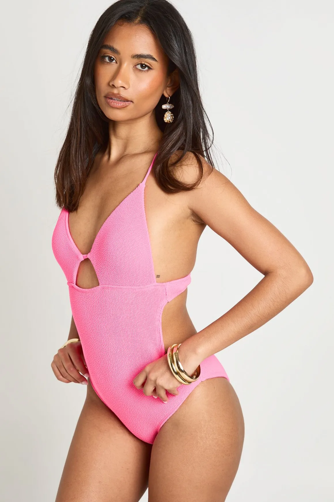 Maillot De Bain Plongeant À Découpe Trou De Serrure Et Texture Crinkle