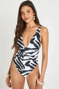 boohoo Maillot De Bain Plongeant À Imprimé Avec Anneau Et Contrôle Du Ventre<Femme Zebra Print|Tenues De Plage