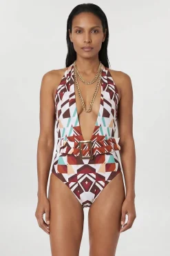 Maillot De Bain Plongeant Imprimé À Détail Chaîne