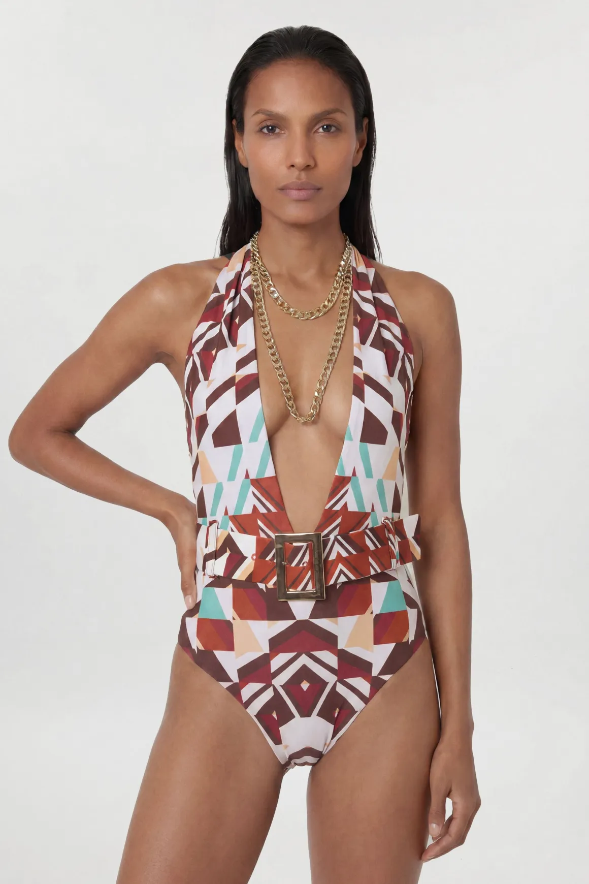 Maillot De Bain Plongeant Imprimé À Détail Chaîne