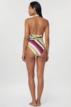 Maillot De Bain Plongeant À Rayures Diagonales Avec Détail En Strass