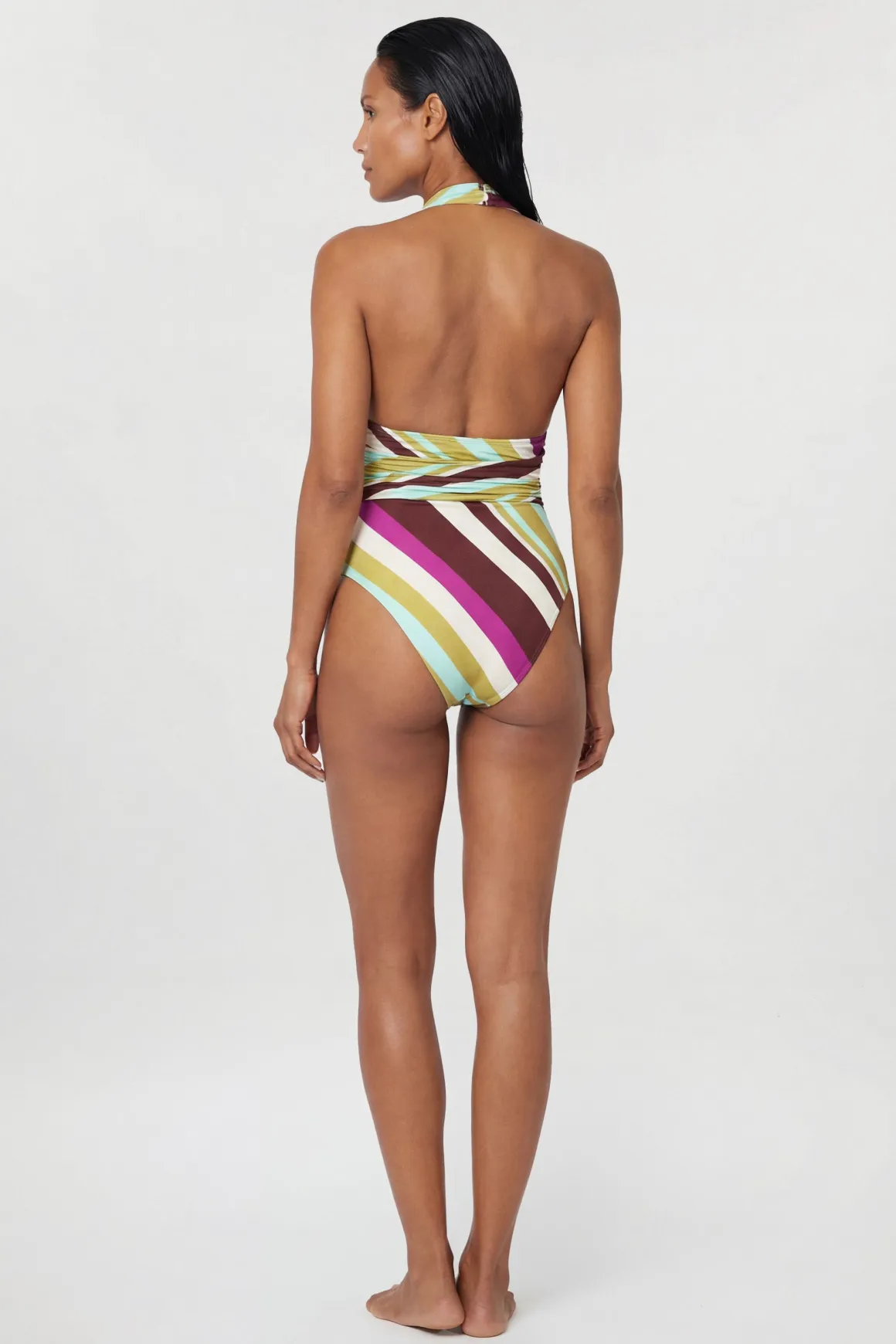 Maillot De Bain Plongeant À Rayures Diagonales Avec Détail En Strass