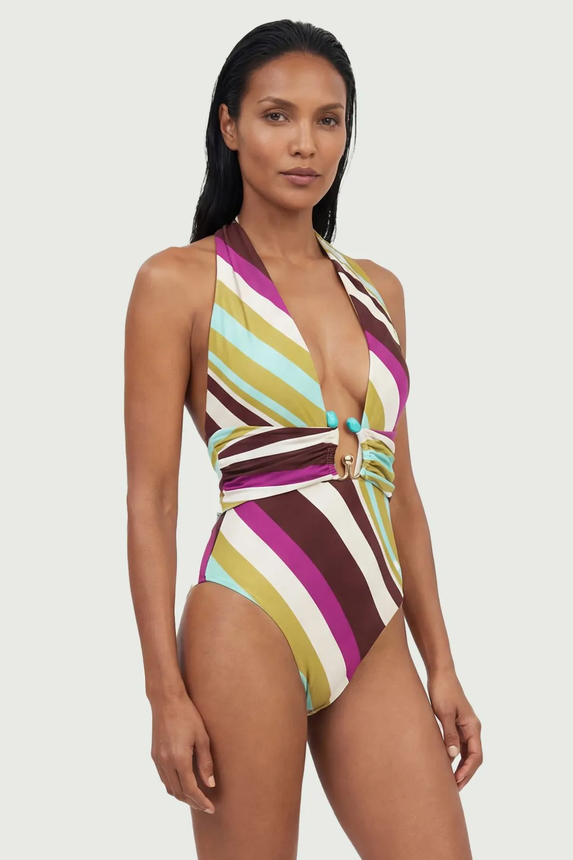 Maillot De Bain Plongeant À Rayures Diagonales Avec Détail En Strass