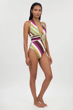 Maillot De Bain Plongeant À Rayures Diagonales Avec Détail En Strass