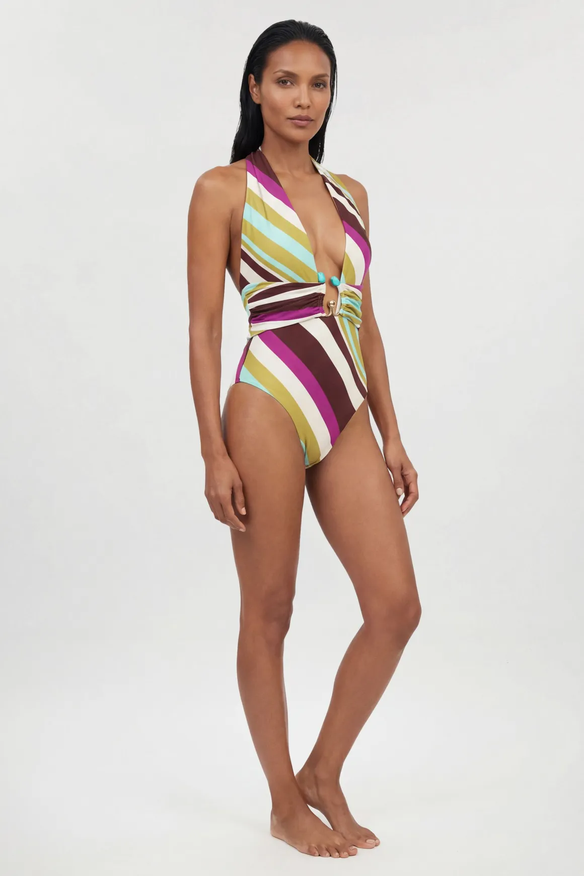 Maillot De Bain Plongeant À Rayures Diagonales Avec Détail En Strass