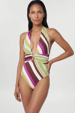 Maillot De Bain Plongeant À Rayures Diagonales Avec Détail En Strass
