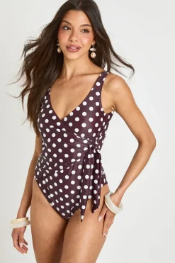 Maillot De Bain À Pois Avec Contrôle Du Ventre Et Détail Cache-cœur