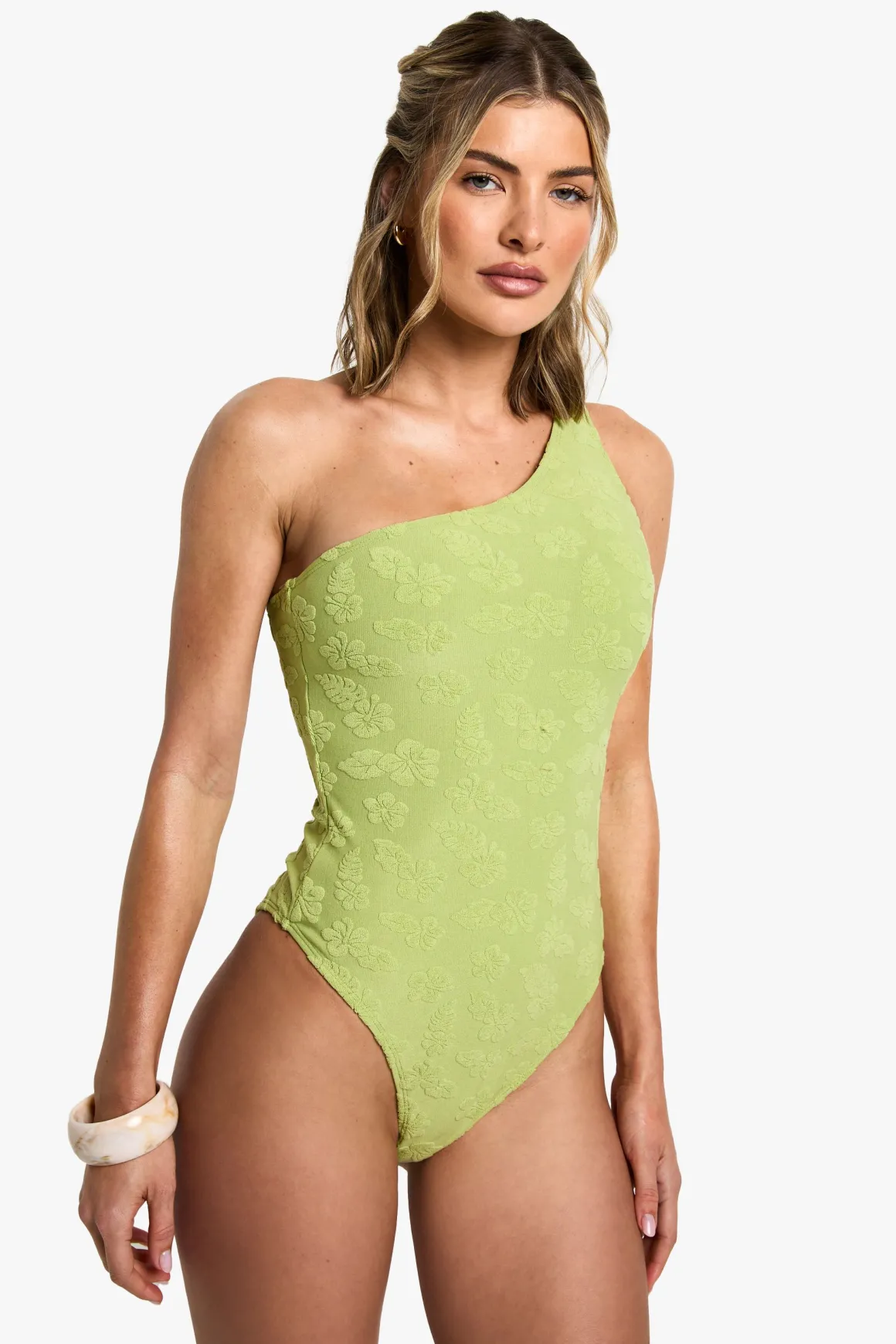 Maillot de bain à une épaule orné d'une fleur d'hibiscus embossée
