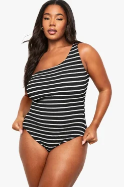 Maillot De Bain Une Épaule À Rayures Froissées Grande Taille