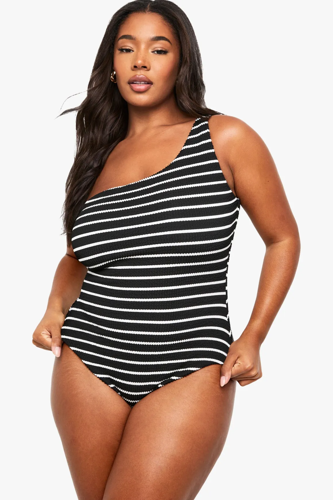 Maillot De Bain Une Épaule À Rayures Froissées Grande Taille