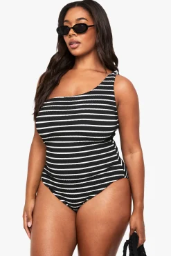 Maillot De Bain Une Épaule À Rayures Froissées Grande Taille
