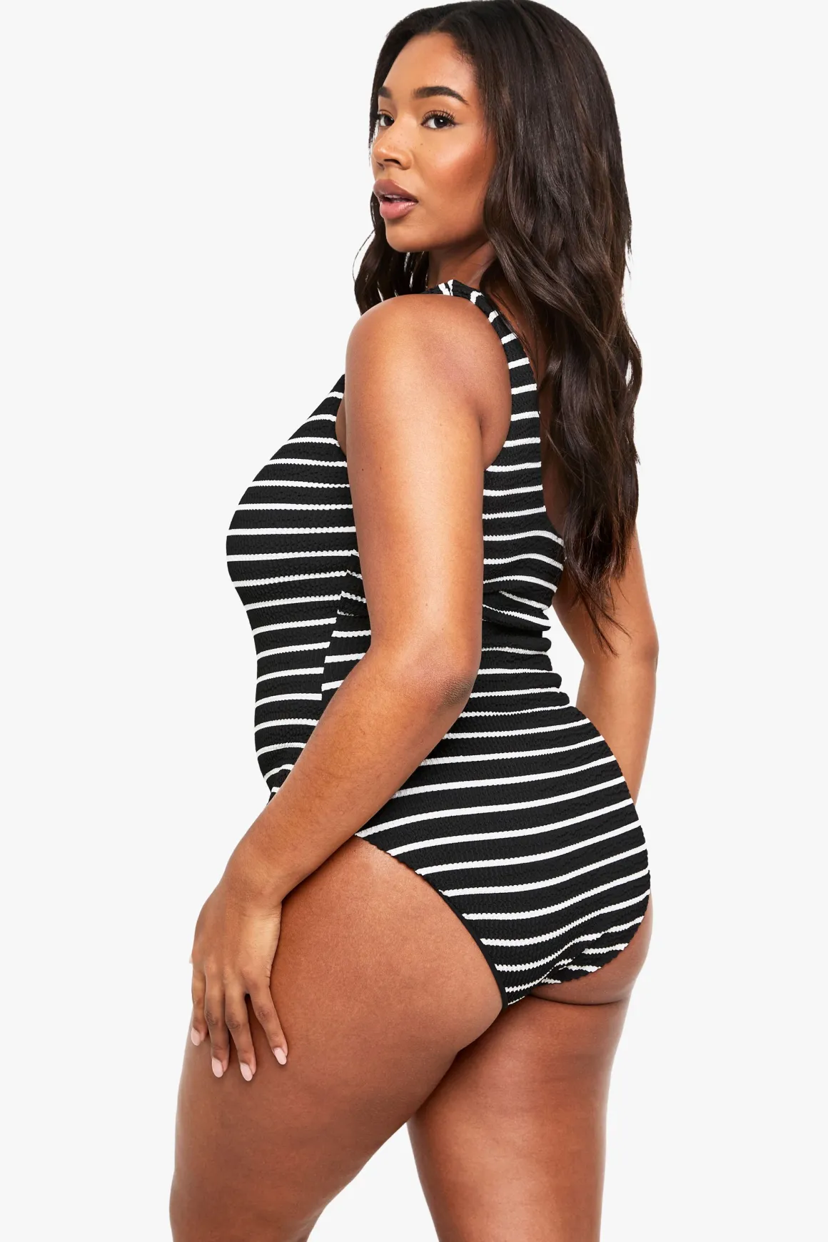 Maillot De Bain Une Épaule À Rayures Froissées Grande Taille