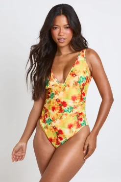 Maillot De Bain Une Pièce À Imprimé Floral Abstrait Avec Décolleté Plongeant Et Contrôle Du Ventre
