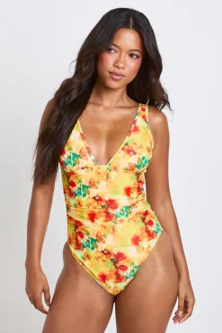 Maillot De Bain Une Pièce À Imprimé Floral Abstrait Avec Décolleté Plongeant Et Contrôle Du Ventre
