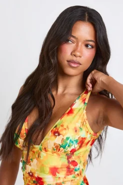 Maillot De Bain Une Pièce À Imprimé Floral Abstrait Avec Décolleté Plongeant Et Contrôle Du Ventre