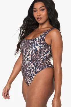 Maillot de Bain Une Pièce Léopard Col Carré Essentials Grande Taille