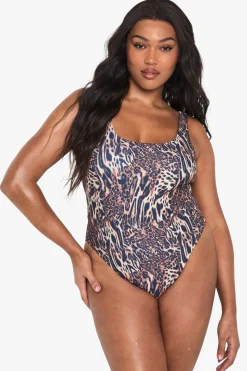 Maillot de Bain Une Pièce Léopard Col Carré Essentials Grande Taille