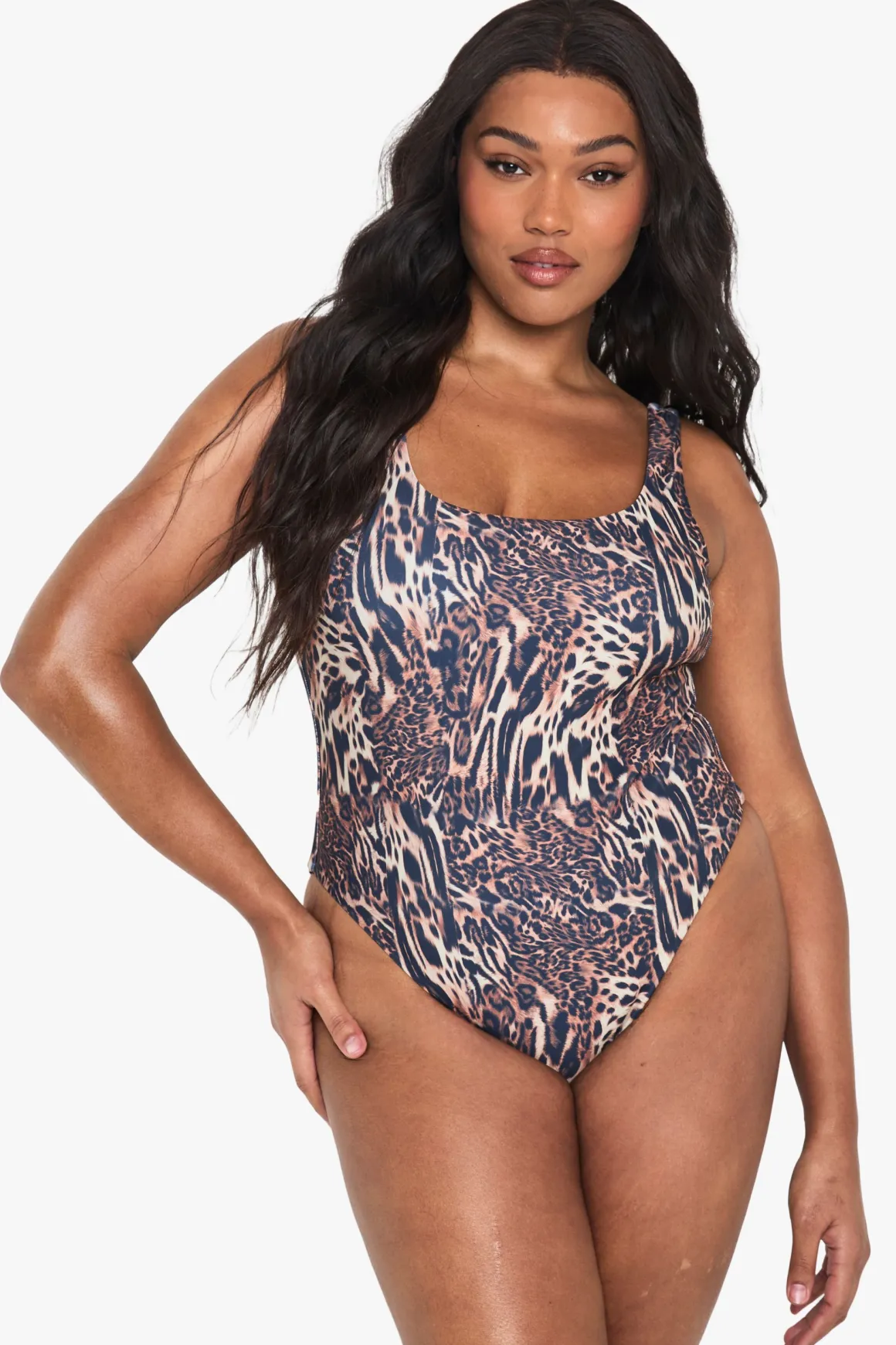 Maillot de Bain Une Pièce Léopard Col Carré Essentials Grande Taille
