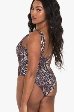 Maillot de Bain Une Pièce Léopard Col Carré Essentials Grande Taille