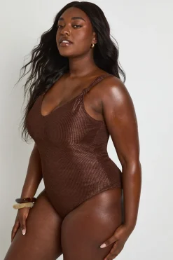 Maillot De Bain Une Pièce Métallisé Froissé Avec Nœud Grande Taille