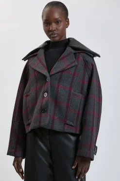 Manteau Arrondi En Laine À Carreaux Et Synthétiquecuir