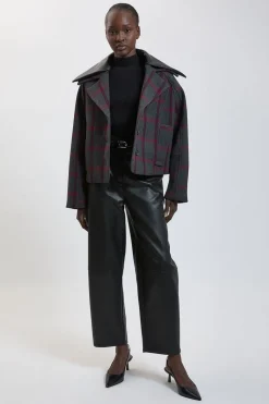 Manteau Arrondi En Laine À Carreaux Et Synthétiquecuir