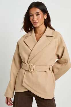boohoo Manteau Aspect Laine Avec Ceinture<Femme Vestes & Manteaux|Tons Neutres