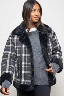 Oasis Manteau à Carreaux avec Finitions en Peau Lainée<Femme Vestes & Manteaux