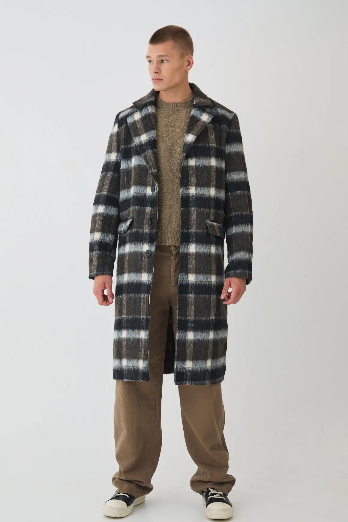 Manteau à carreaux brossé en marron