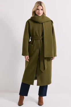 Manteau Ceinturé à Col Rond avec Écharpe