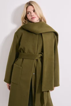 Manteau Ceinturé à Col Rond avec Écharpe