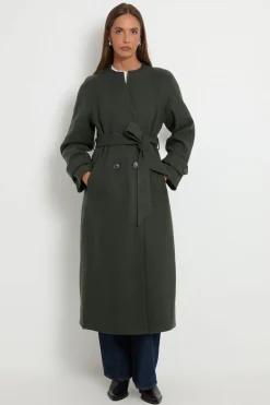 Manteau Ceinturé À Double Boutonnage Avec Col Montant Intégré
