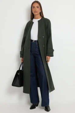 Manteau Ceinturé À Double Boutonnage Avec Col Montant Intégré